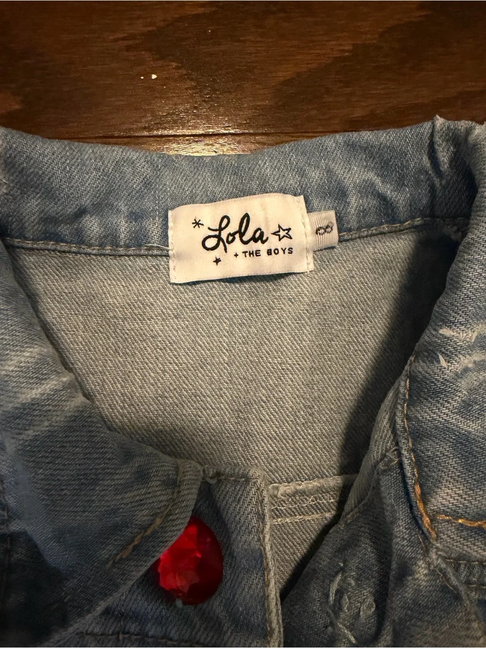 Lola + The Boys Light Blue Denim Jacket with Multicolor Gem Buttons